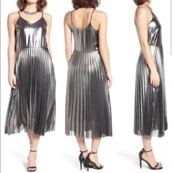love, Fire Dresses & Skirts - Love Fire Pewter Silver Pleated Foil Spaghetti Strap Midi Dress Size Small